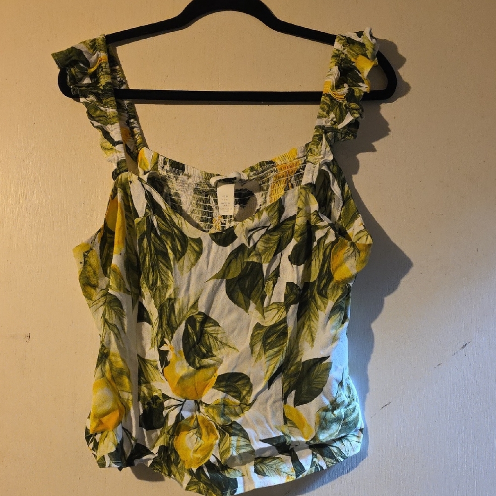 H&M Yellow Lemon Print Ruffled Crop Tank Top